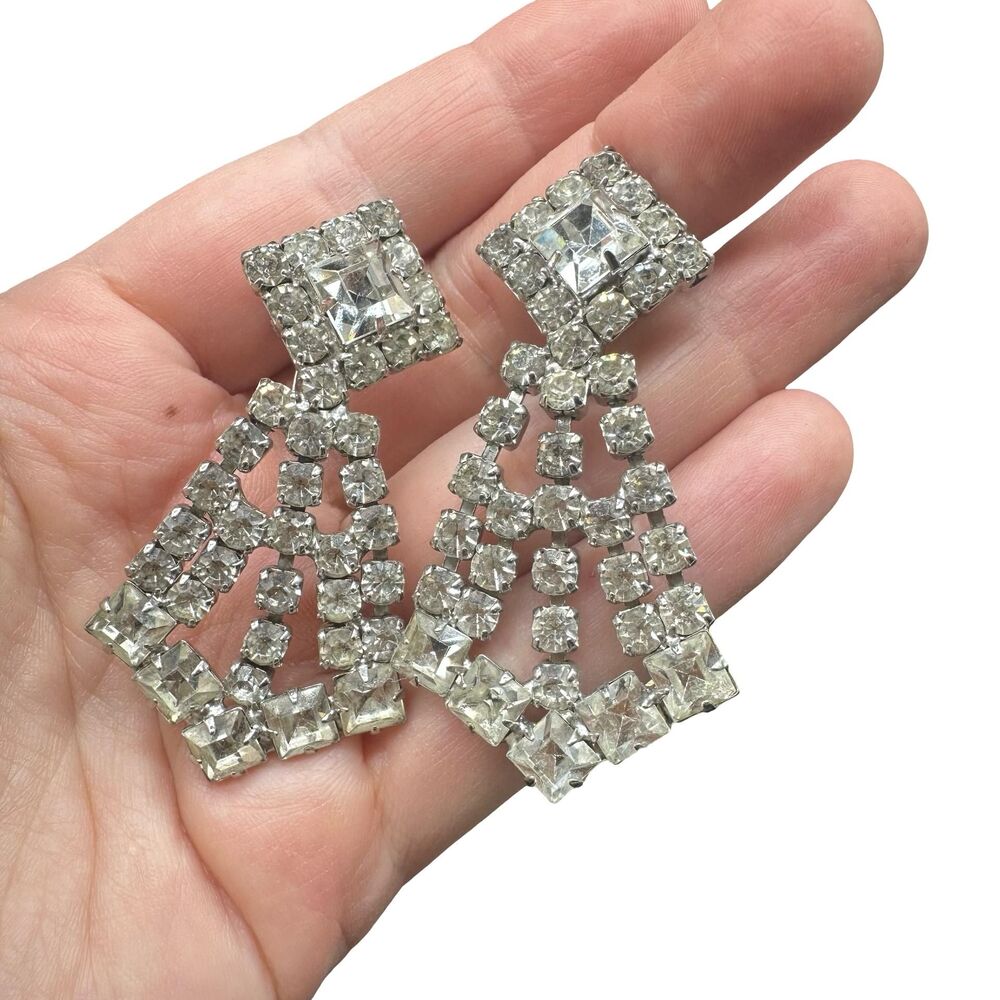 Vintage Rhinestone Dangle Earrings, Clear Screw Back Earrings